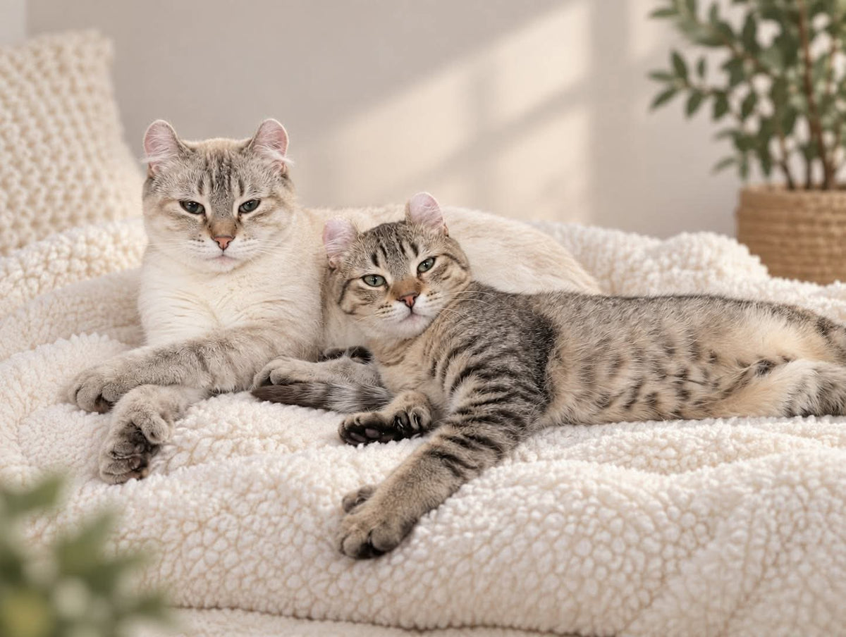 Deux chats Highland Lynx blottis sur une couverture